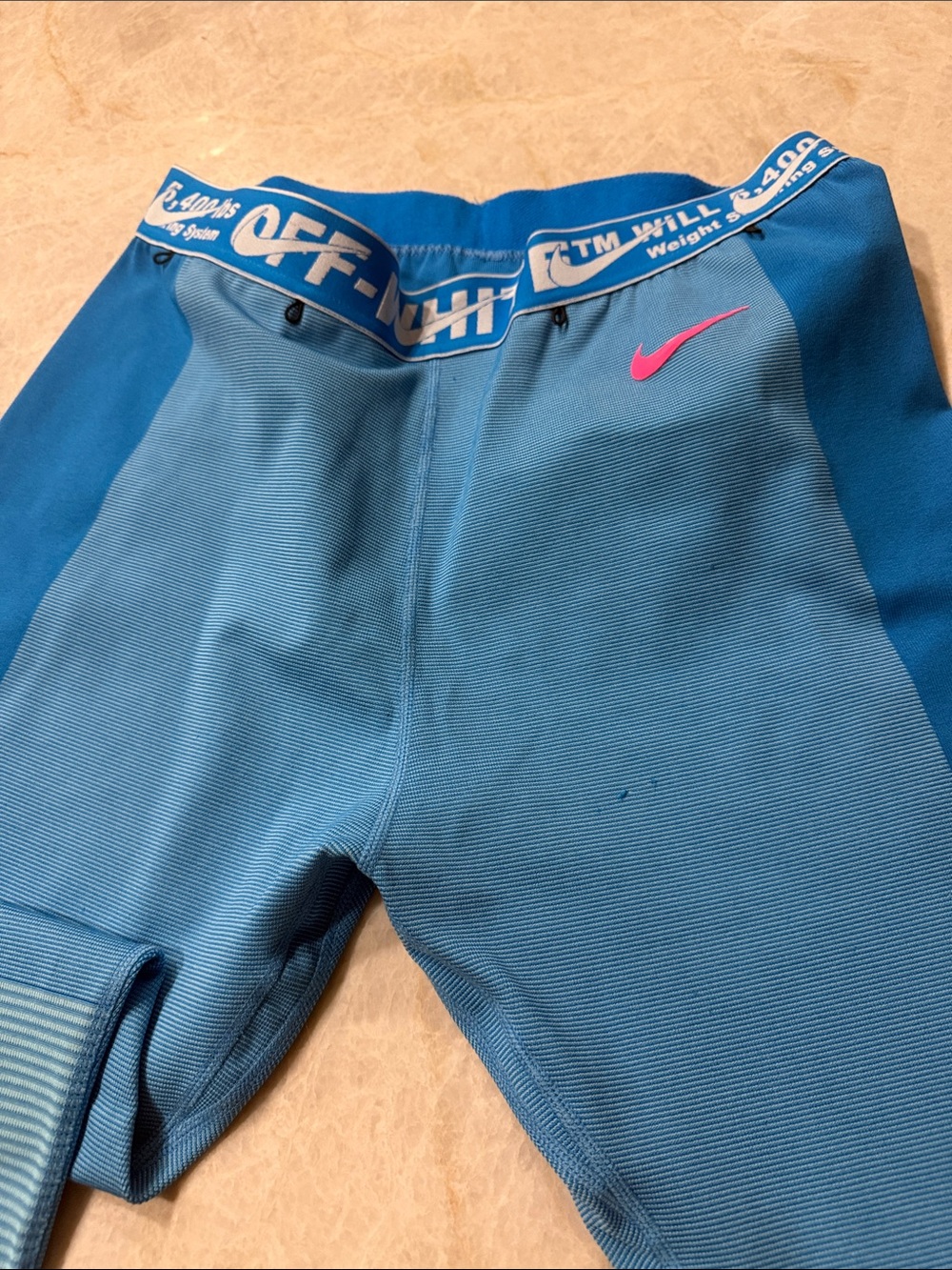 Off-White Blue Colorblock Athletic Leggings with Pink Accent - Picture 2 of 3